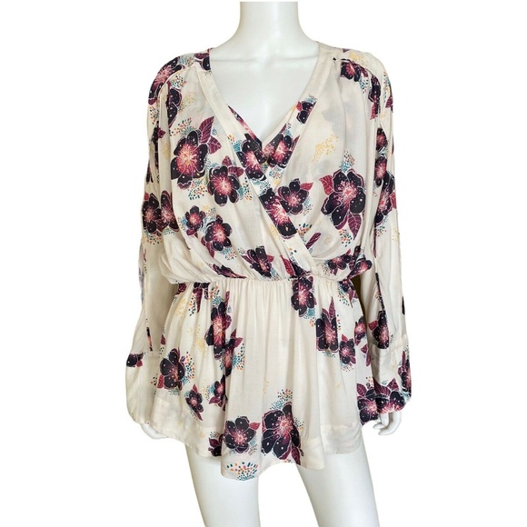 Free People Long Sleeve Off White Purple Floral Tuscan Dreams Tunic - Picture 3 of 9